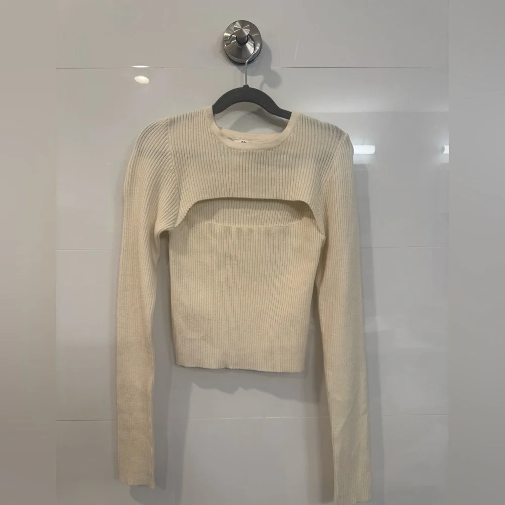 Double Zero Off White Ribbed Cut-Out Long Sleeve Crop Top Lightweight Sweater